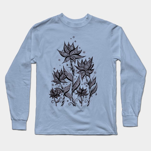 Abstract Flowers Lineart Blue Long Sleeve T-Shirt by ZeichenbloQ